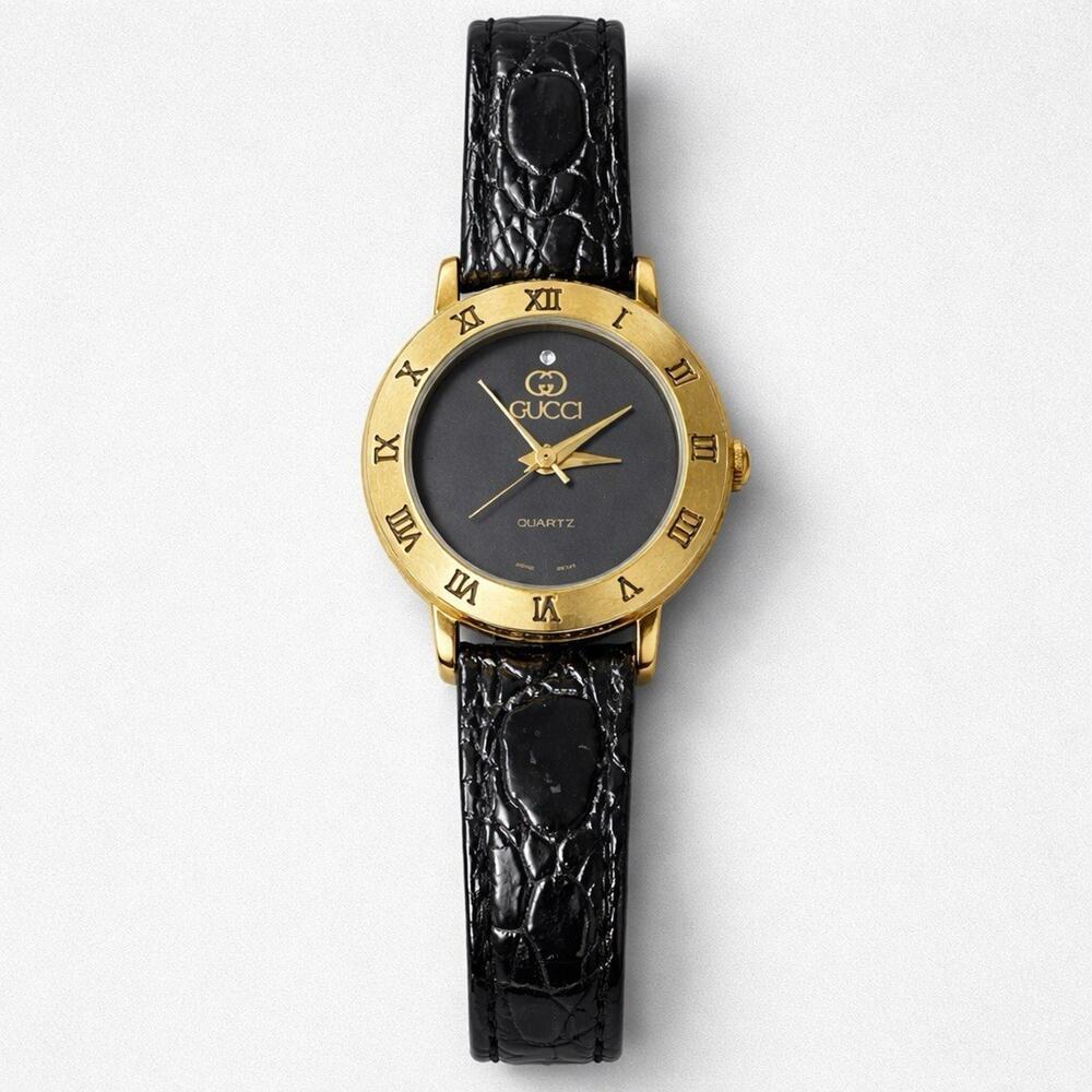 Gucci Diamond 3000L Gold PL Black Leather women watch Vintage - Picture 12 of 16